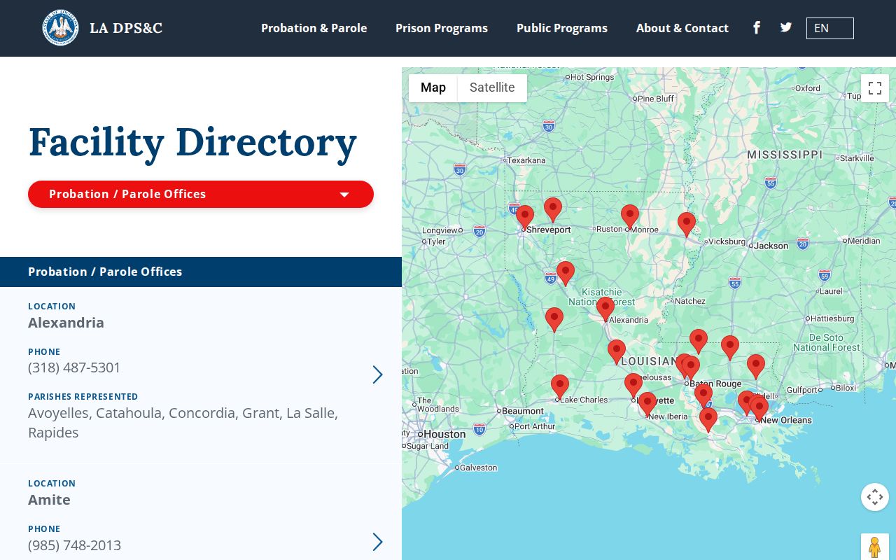 Louisiana probation and parole office directory showing Alexandria service area
