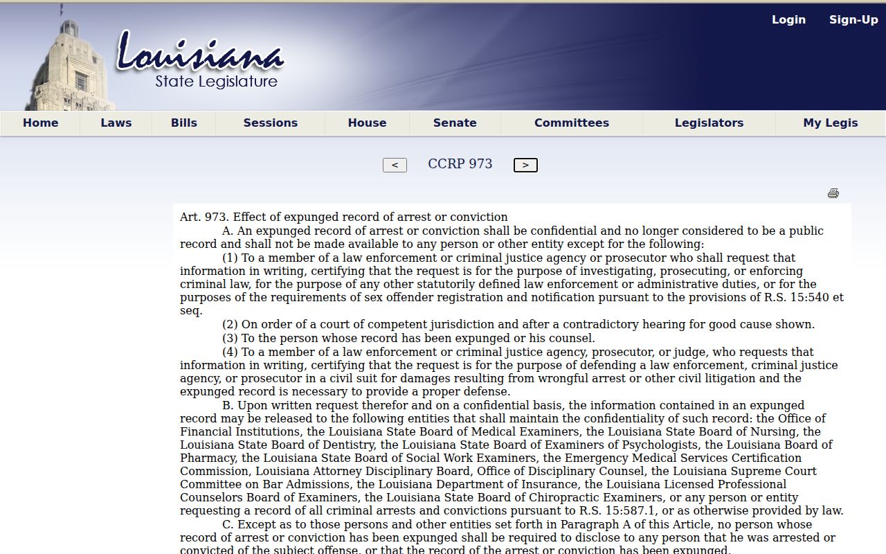 Louisiana Code of Criminal Procedure article 973 expungement law