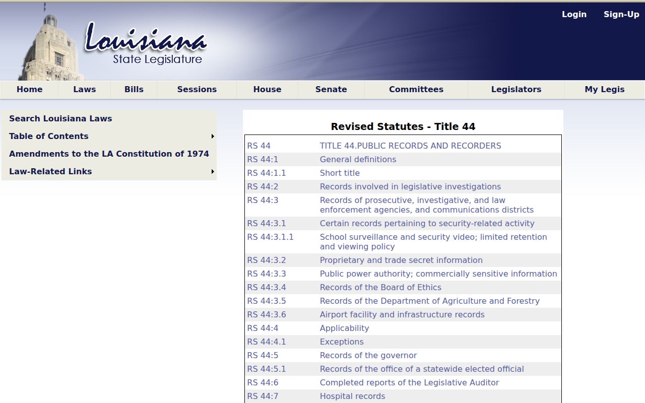 Official Louisiana Title 44 public records law index
