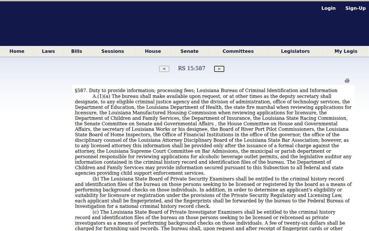 Louisiana criminal-history dissemination law R.S. 15:587