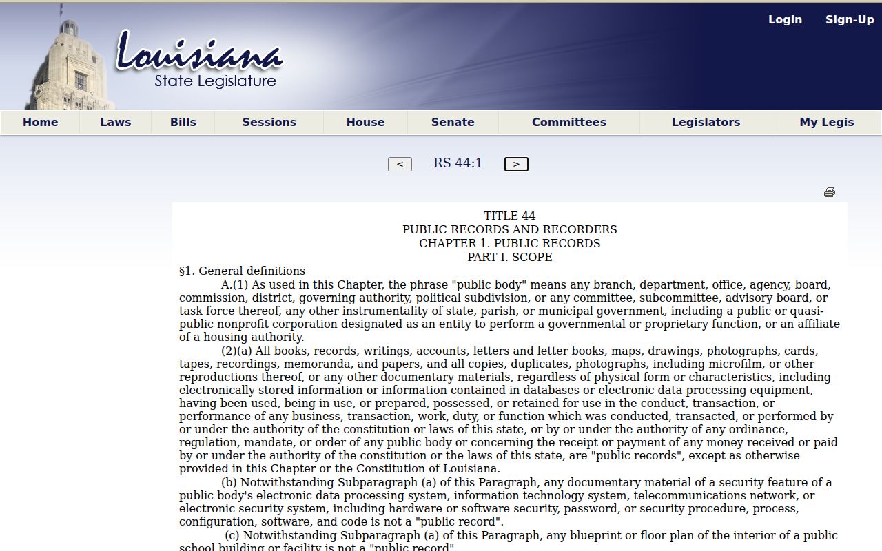 Louisiana Revised Statutes 44:1 public-record definitions