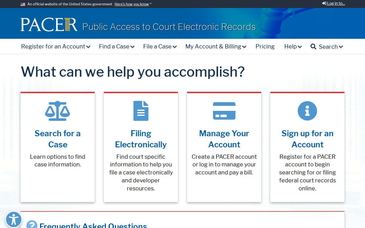 PACER federal court registration and case search gateway