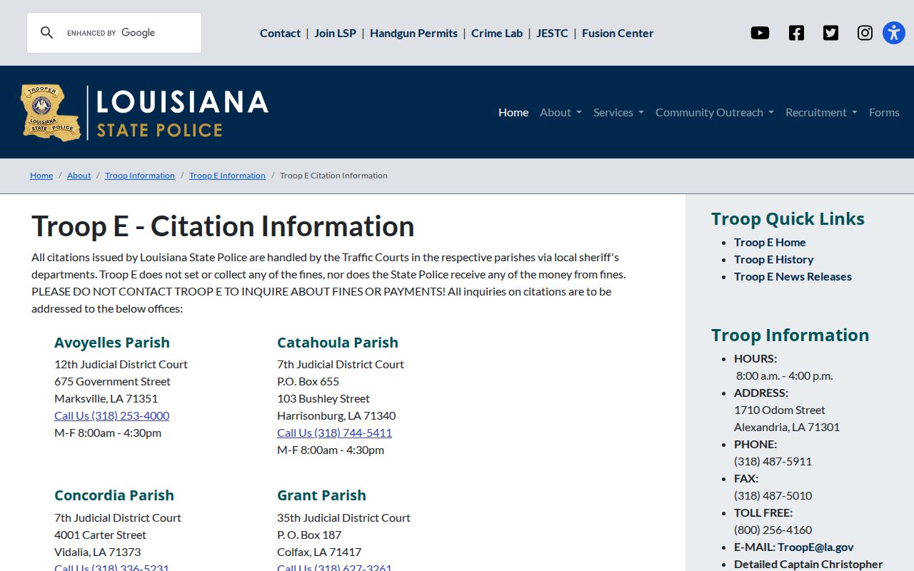 Louisiana State Police Troop E citation routing for Jena criminal records