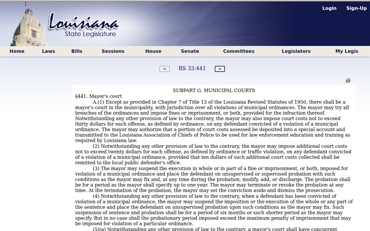 Louisiana Revised Statutes 33:441 mayor's court jurisdiction and appeals