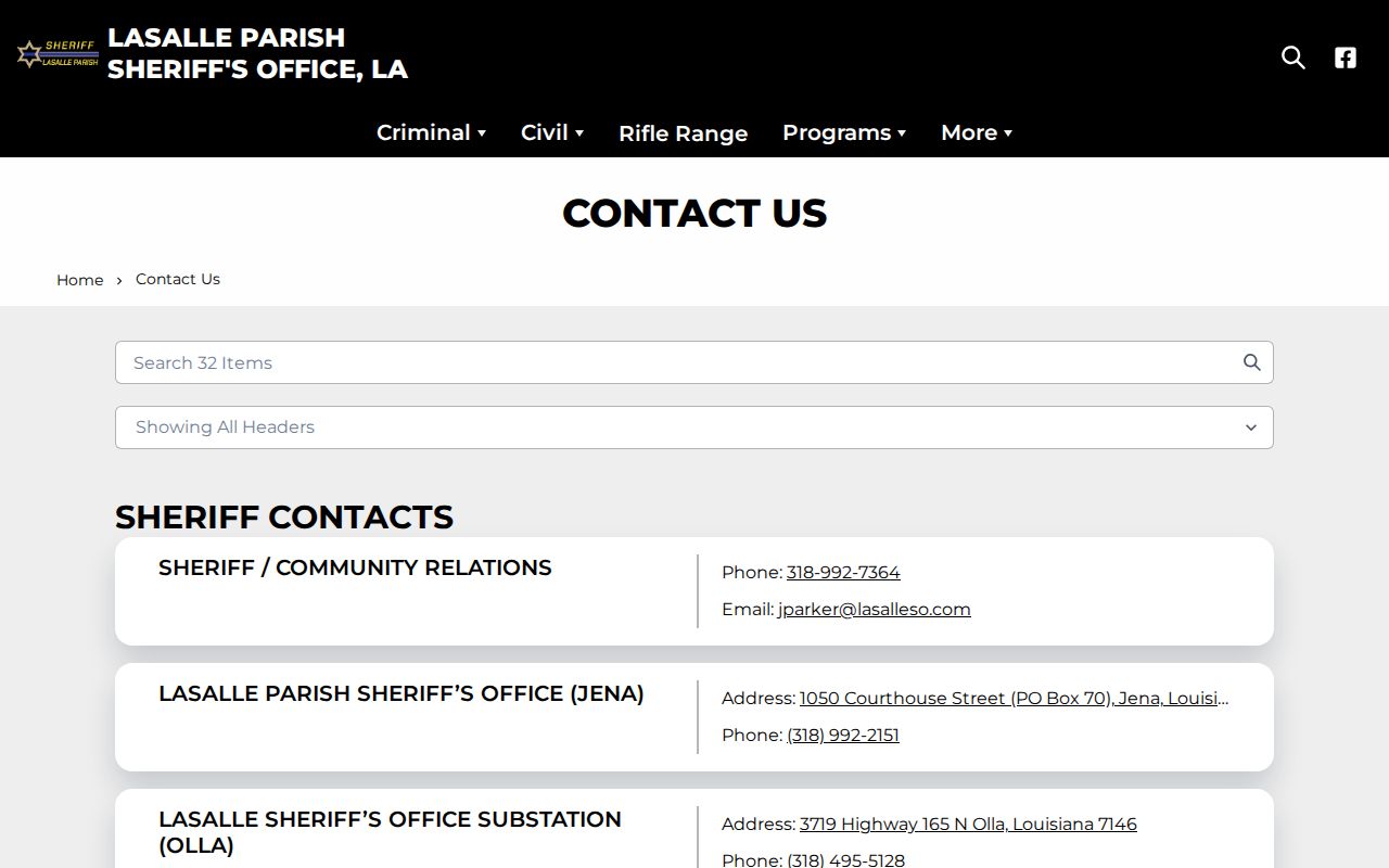 LaSalle Parish Sheriff contact directory for records and jail services