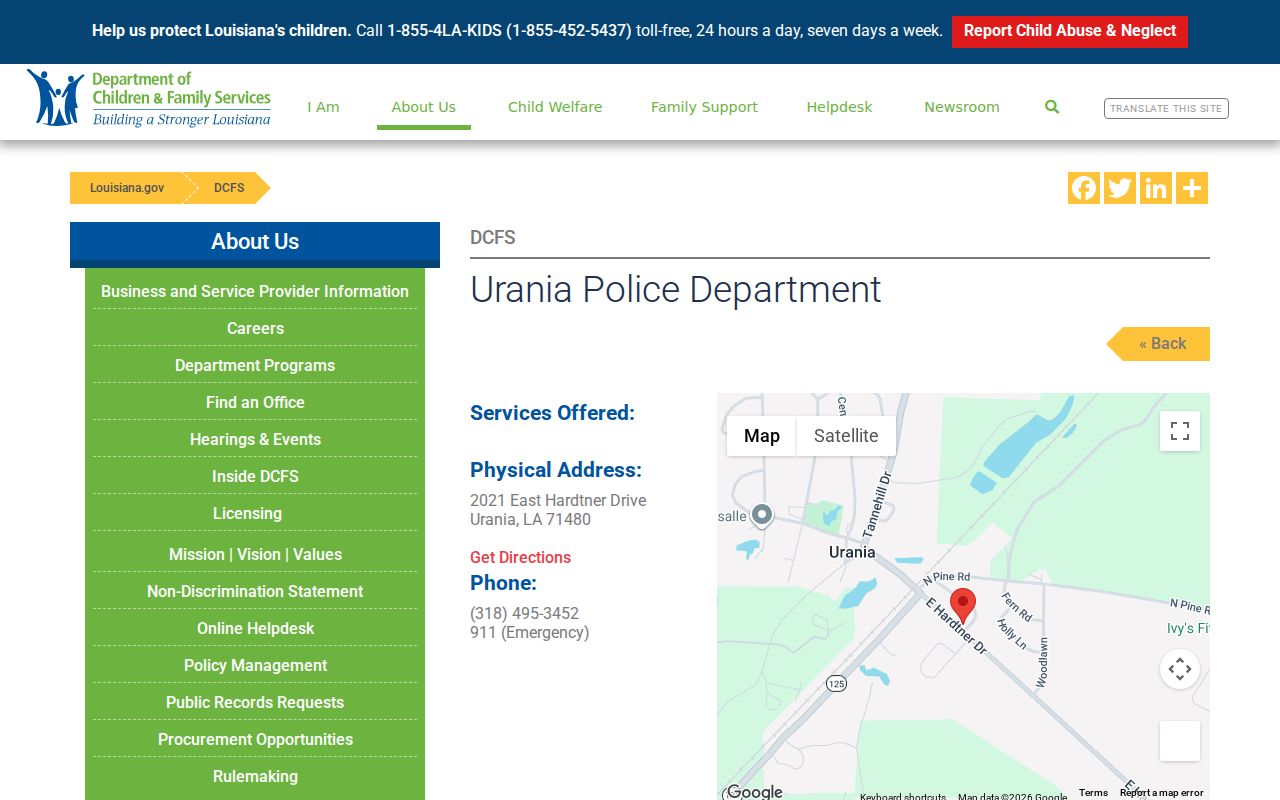 Louisiana agency directory entry for Urania Police